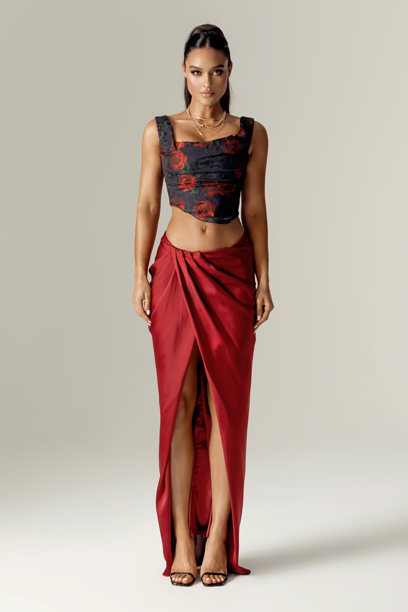 Yvette Satin Thigh Slit Skirt (Maroon)