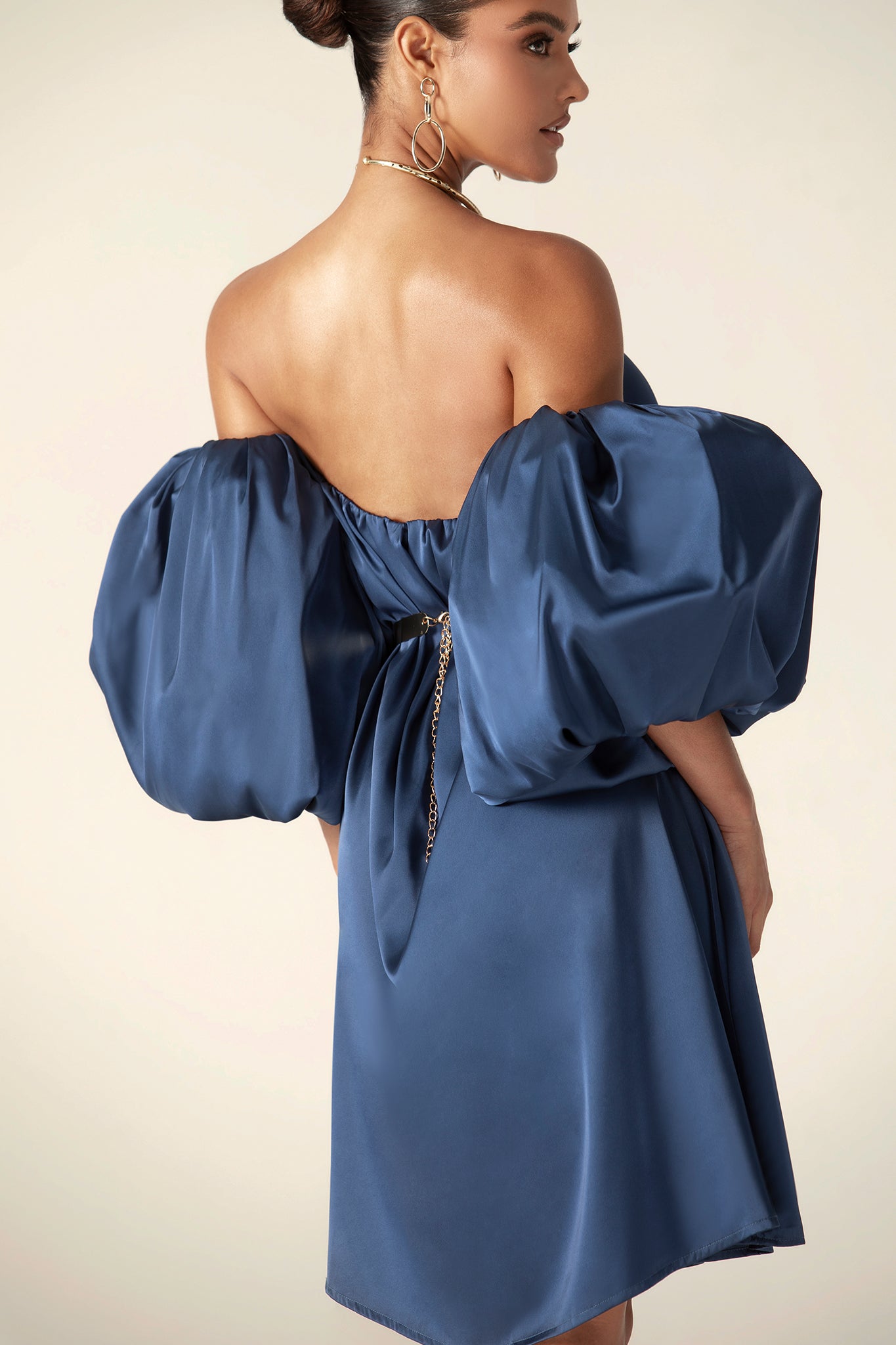 Ella Puff Sleeve Satin Midi Dress (Navy Blue)