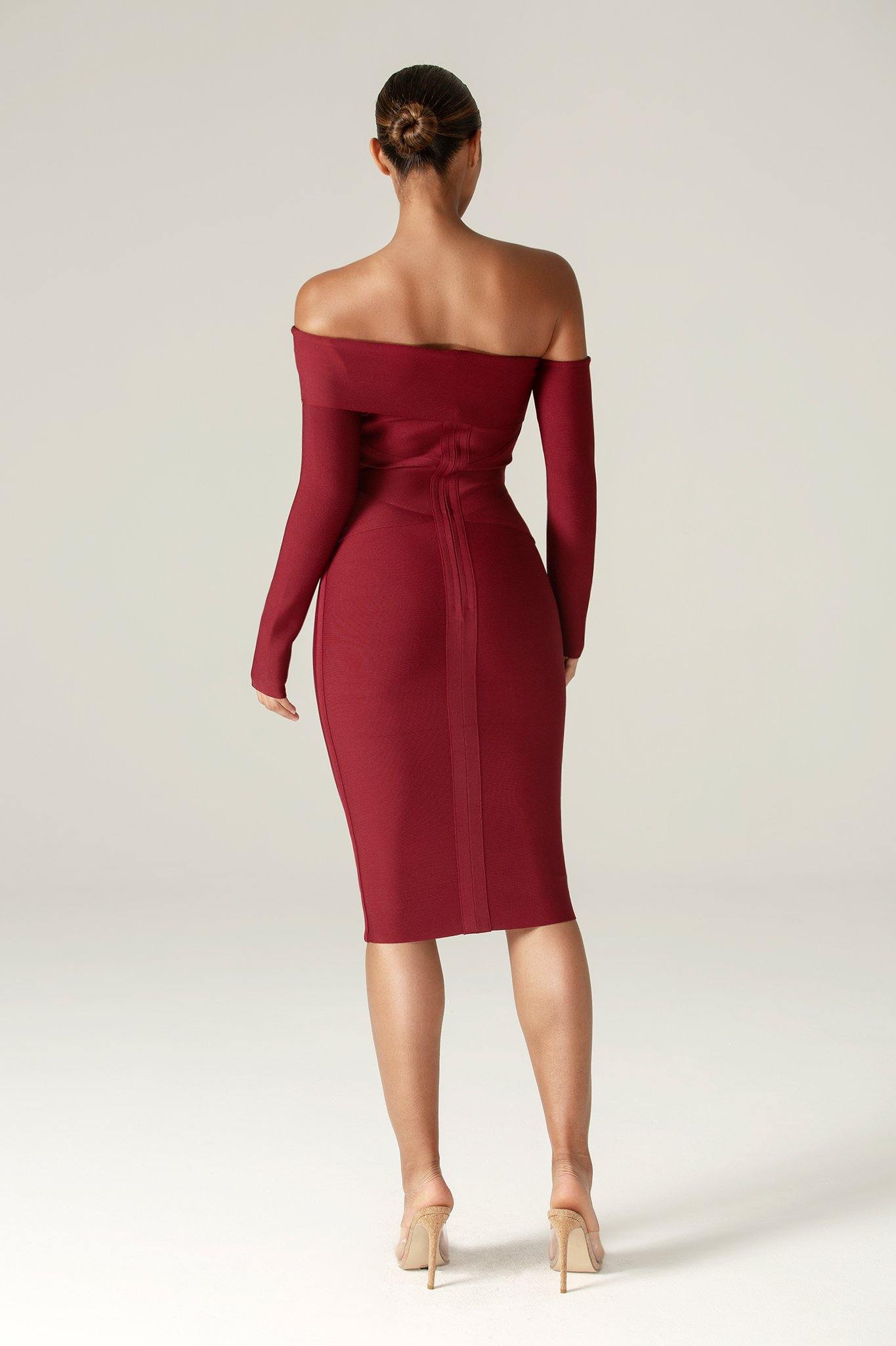 Shiva Off-Shoulder Bandage Midi Dress (Maroon)