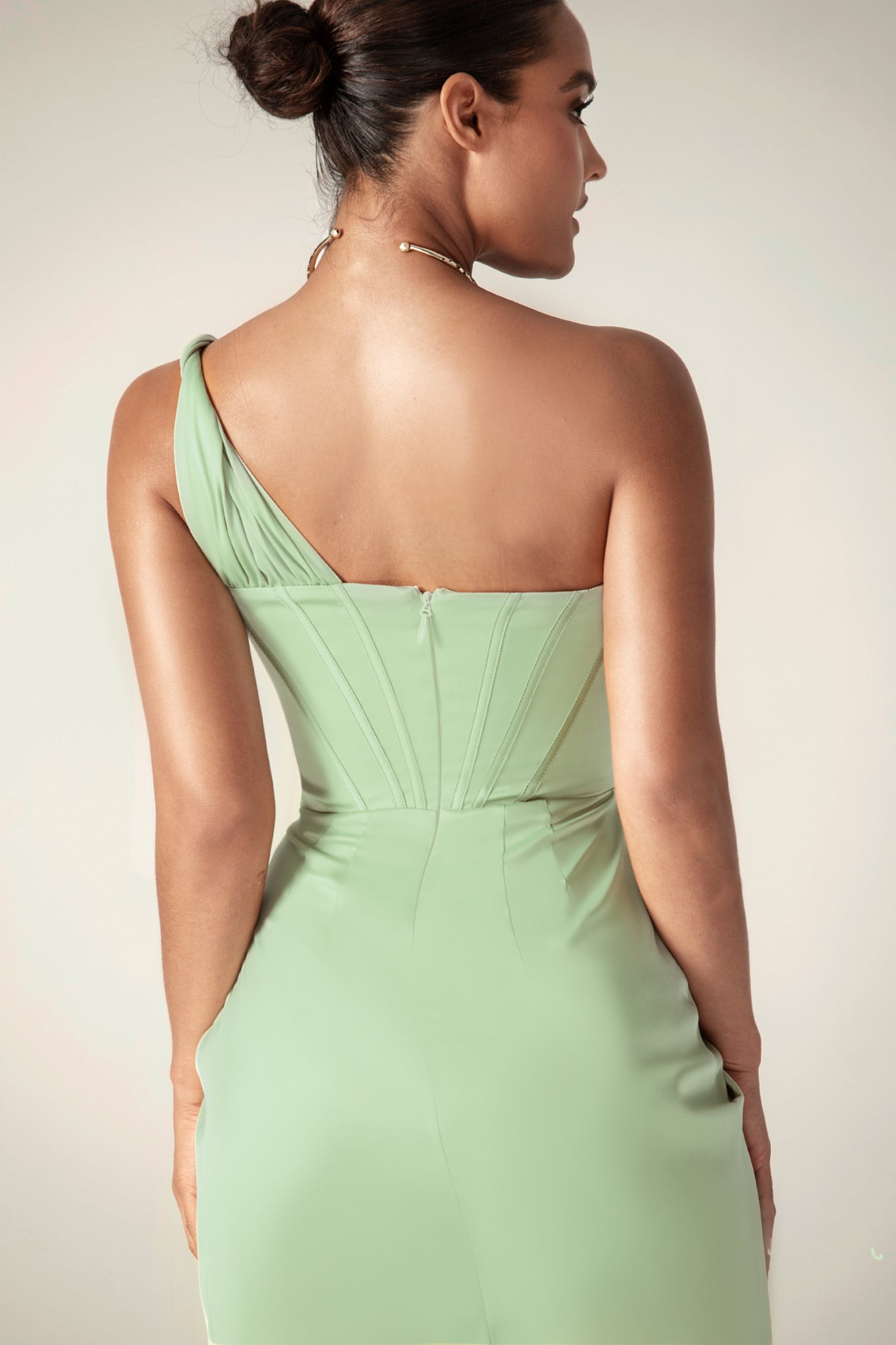 Harper Corset Satin Midi Dress (Sage Green)