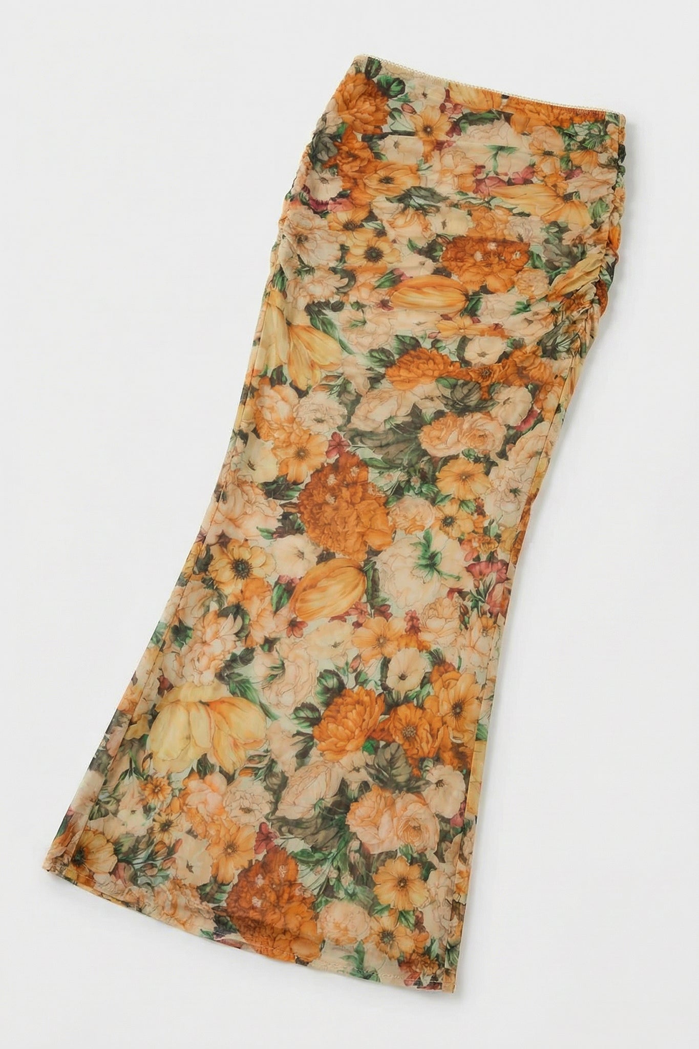 Jenna Ruched Mesh Maxi Skirt (Sunburst Floral Print)