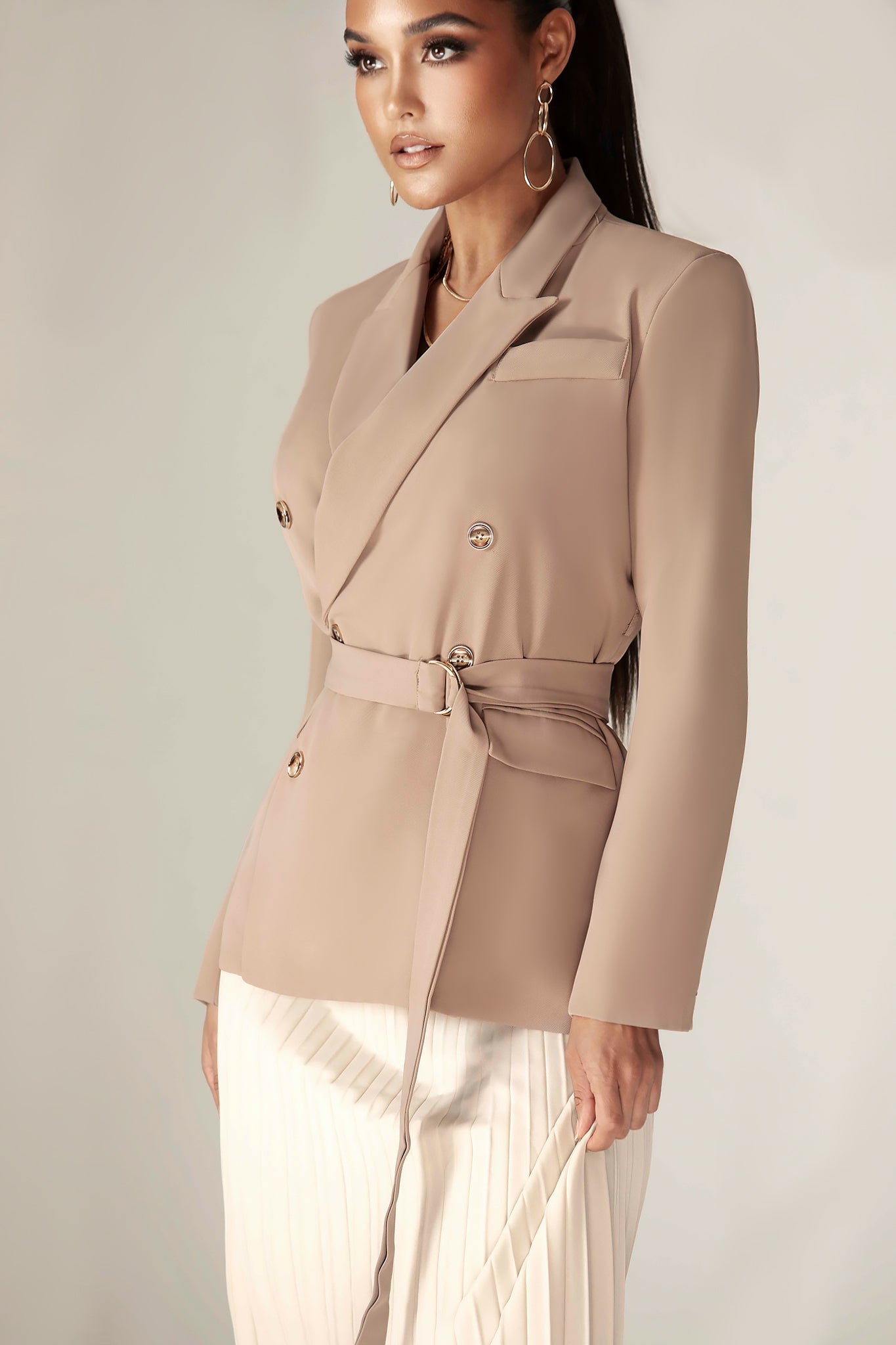 Gloriette Belted Double Breasted Crepe Blazer (Pastel Brown)