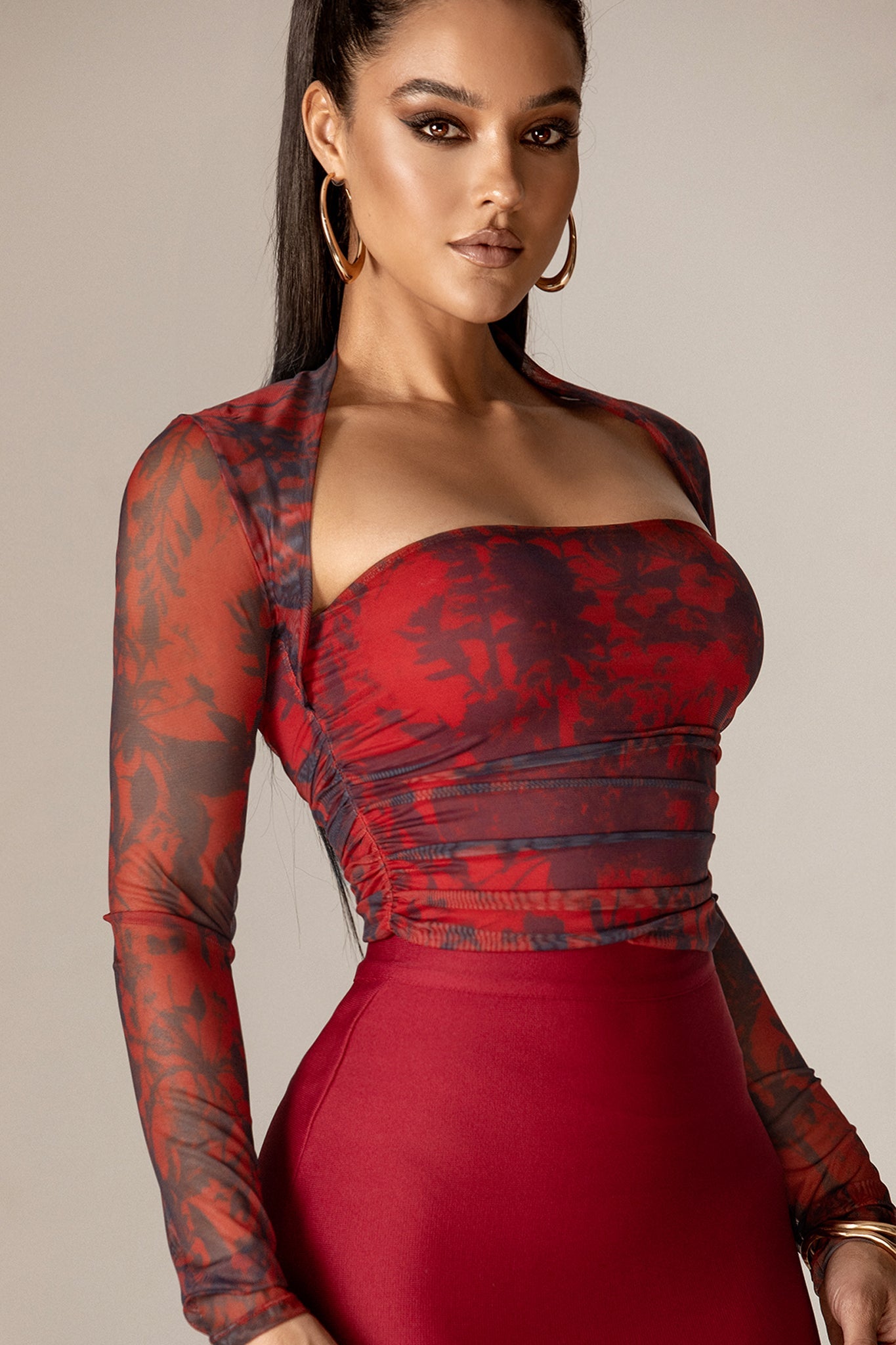 Agron Long Sleeves Mesh Top (Wine Burnout Floral)