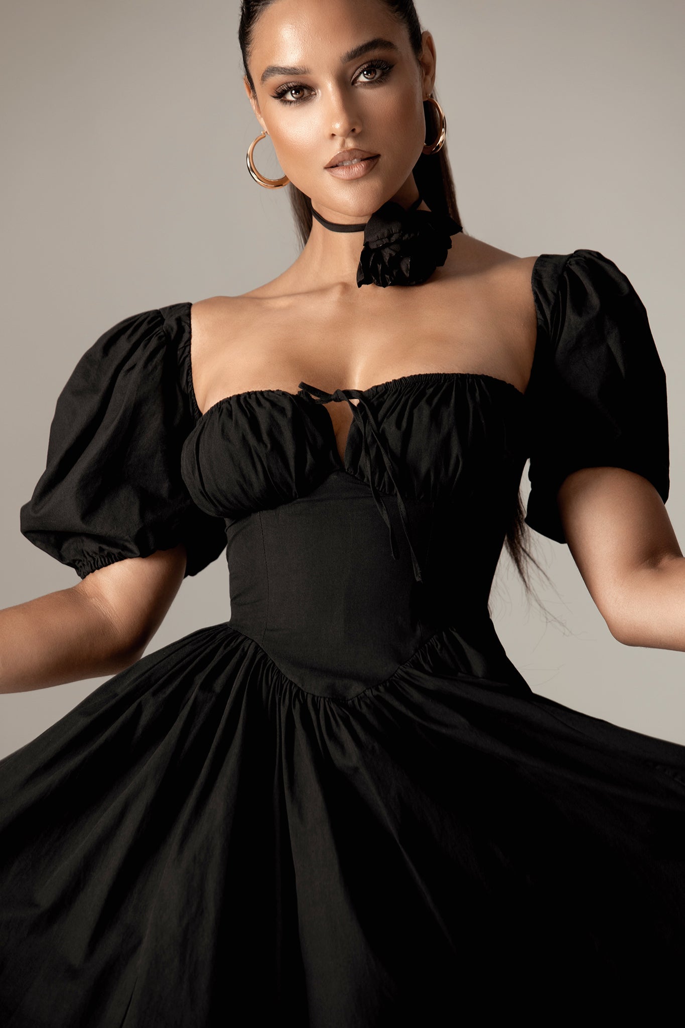 Lynette Cotton Bustier Midi Sundress (Black)