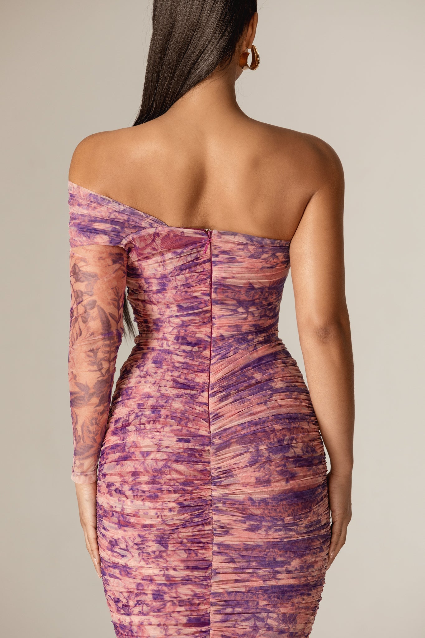 Heather One-Shoulder Mesh Midi Dress (Floral Abstract)