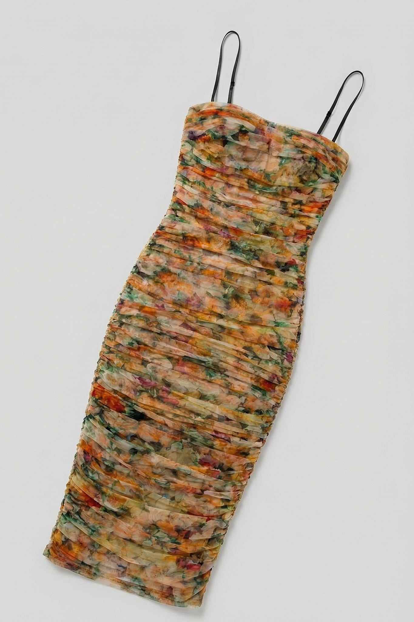 Toira Ruched Mesh Midi Dress (Sunburst Floral)