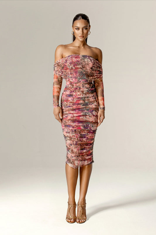 Hayley Off-Shoulder Mesh Midi Dress (Crimson Garden)