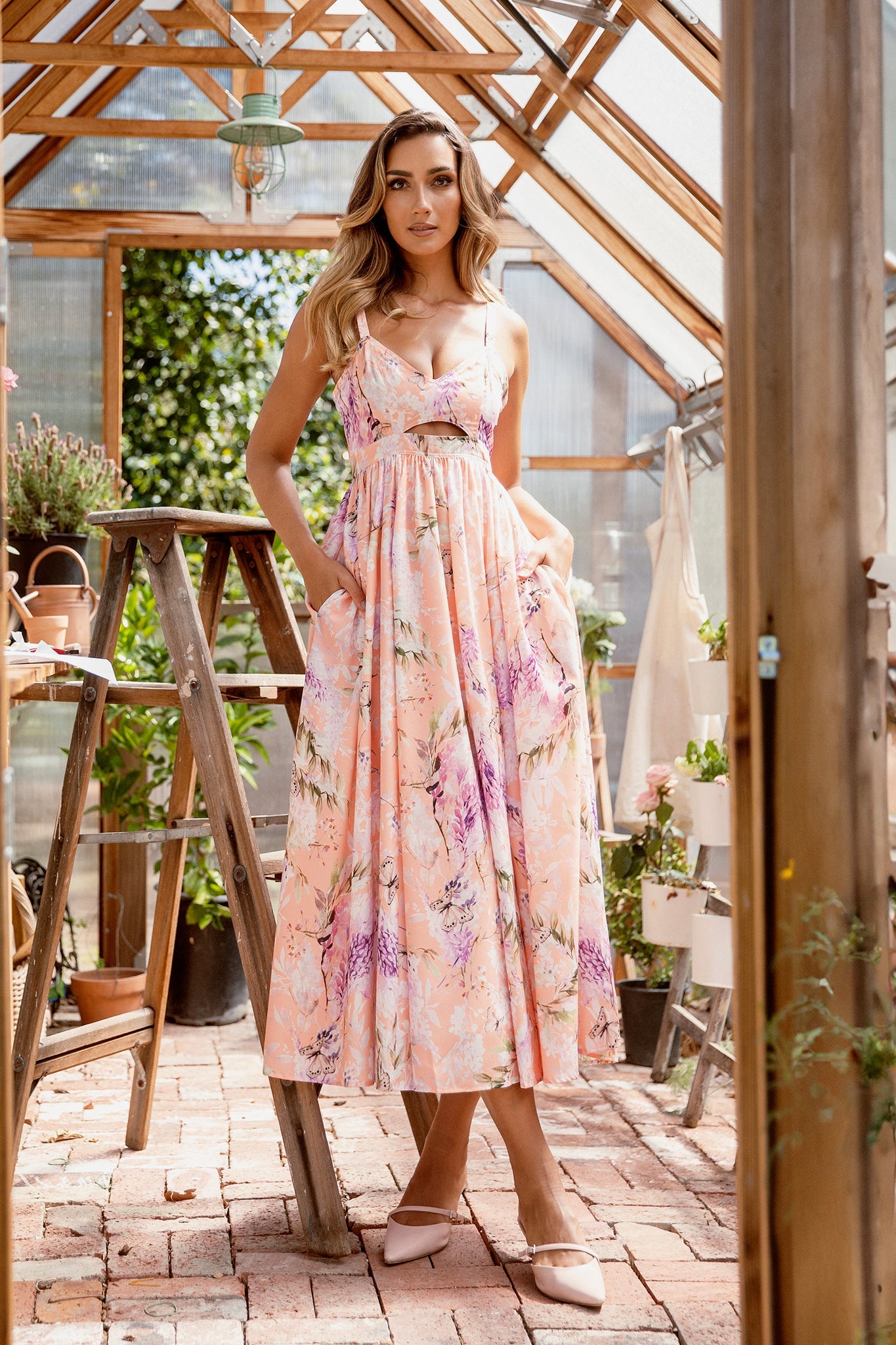 Sione Cutout Midi Dress (Coral Butterfly Meadow)