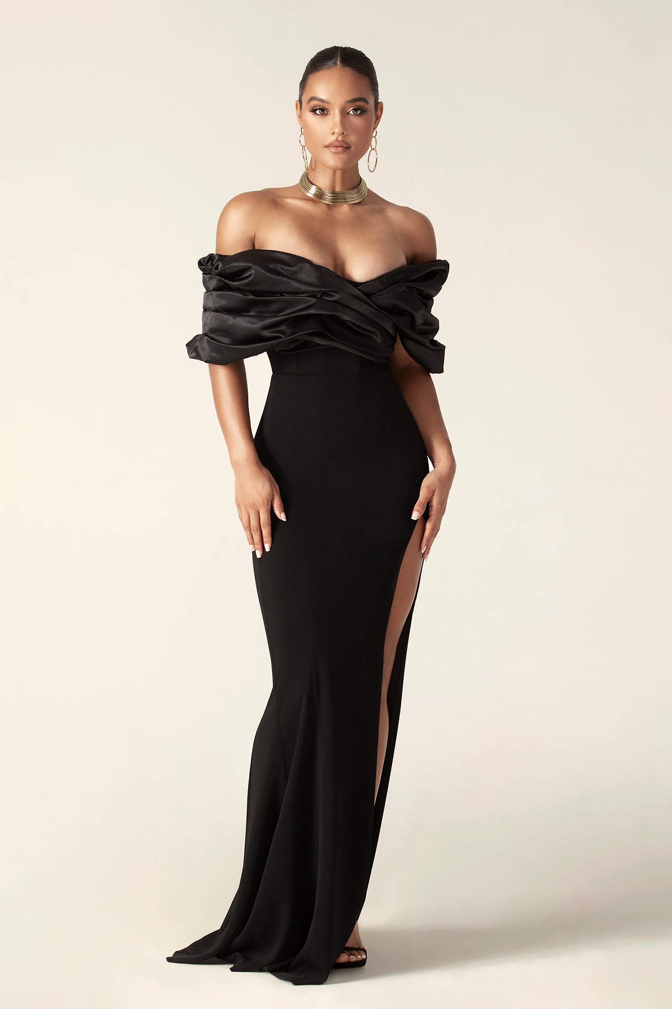Presley Crepe Ruffle Shoulder Gown Dress (Black)