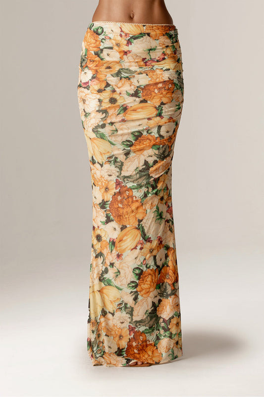Jenna Ruched Mesh Maxi Skirt (Sunburst Floral Print)