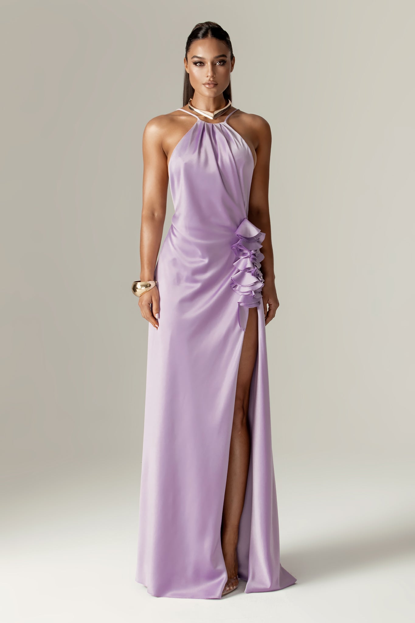 Adela 3D Flowers Thigh Slit Maxi Dress (Pastel Lilac)