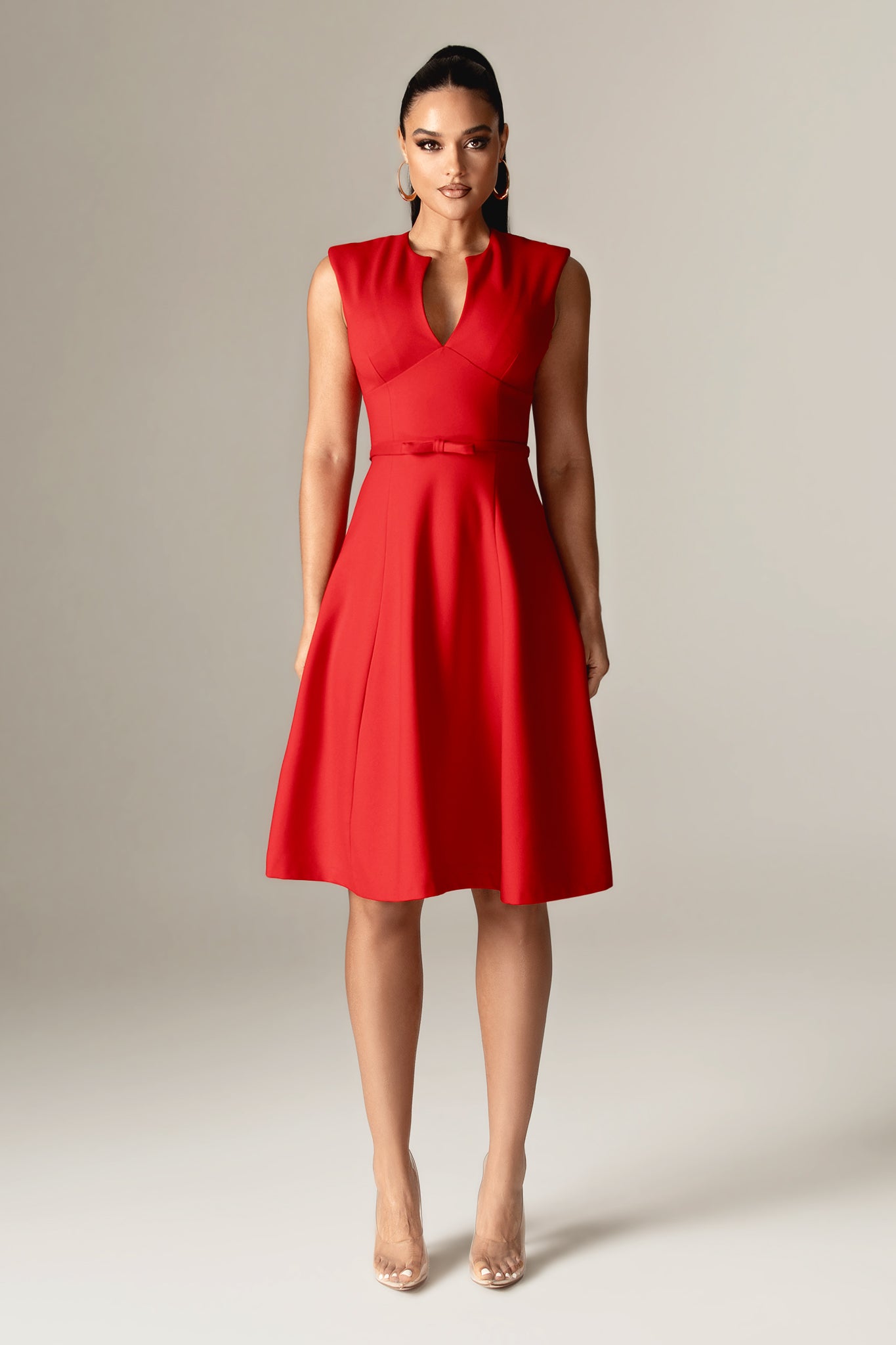 Leslie Italian Ponte Belted Midi Dress (Red)