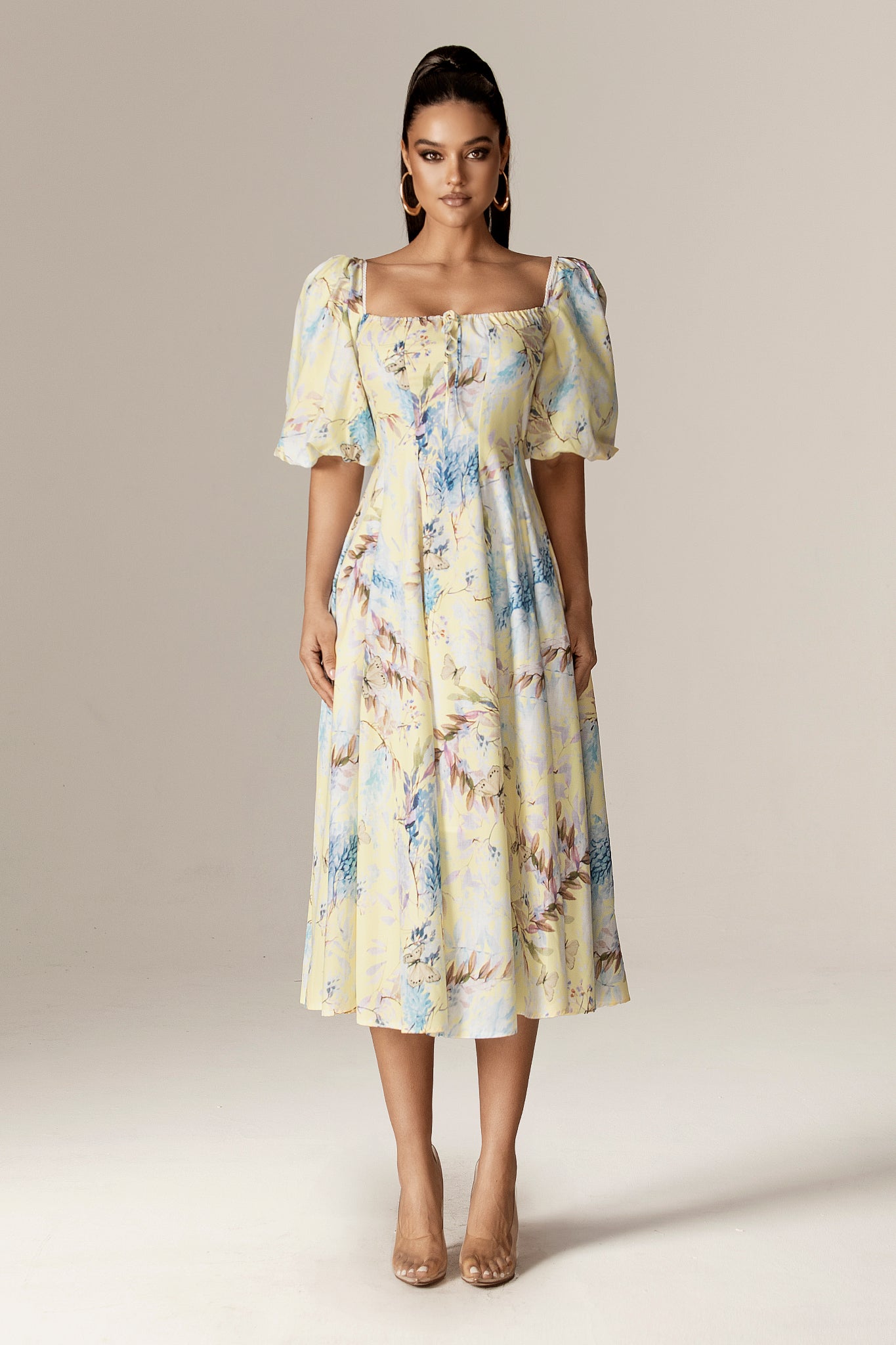 Daryl Crepe Puff Sleeves Midi Dress (Yellow Butterfly Meadow)