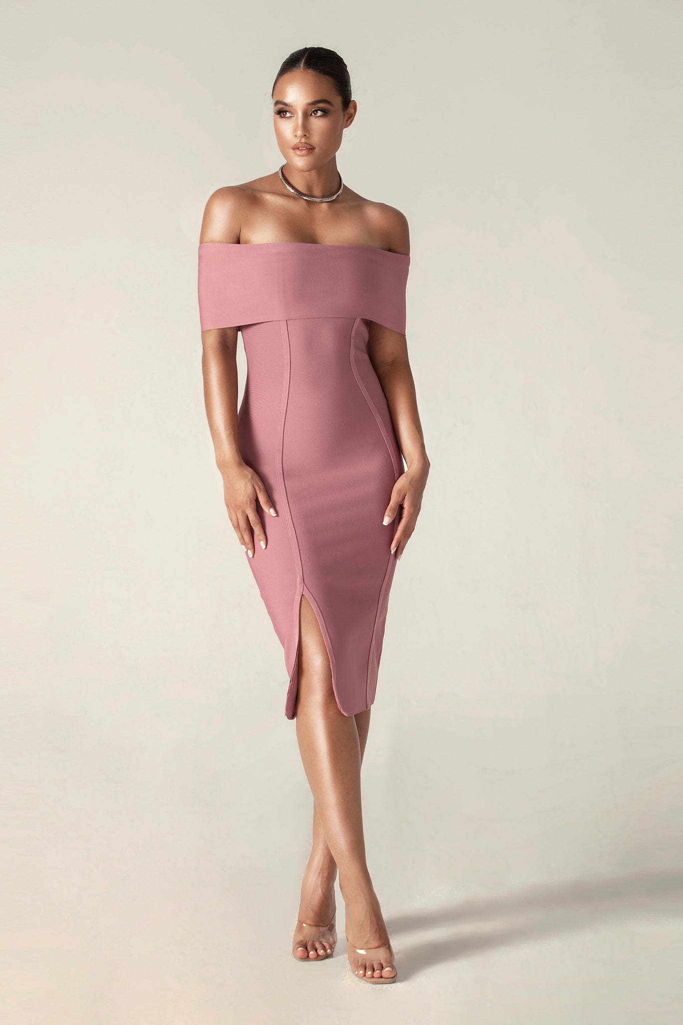 Miel Off Shoulder Bandage Dress (Thulian Pink)
