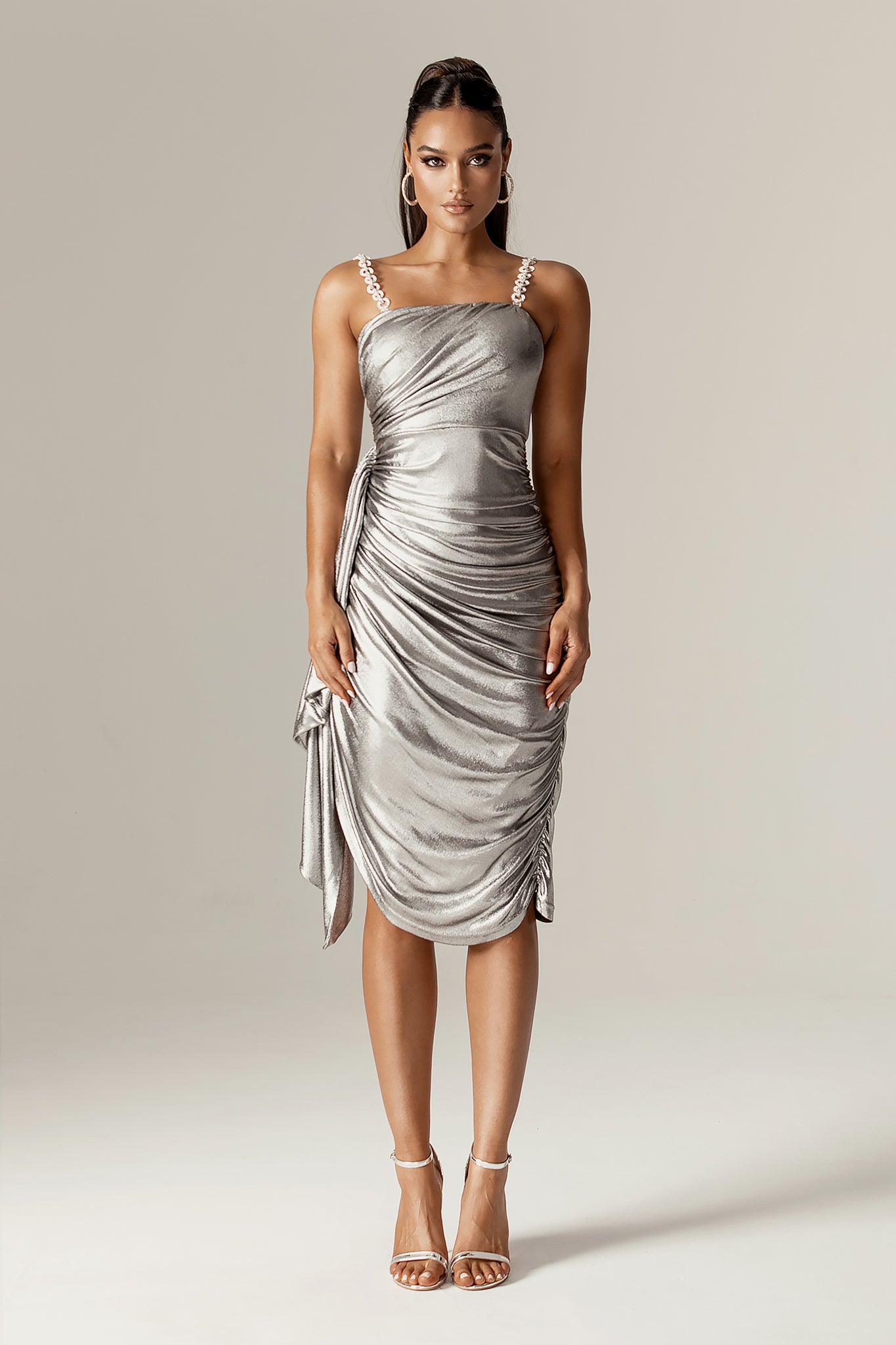 Sandra Metallic Ruched Straps Midi Dress (Metallic Shimmer)