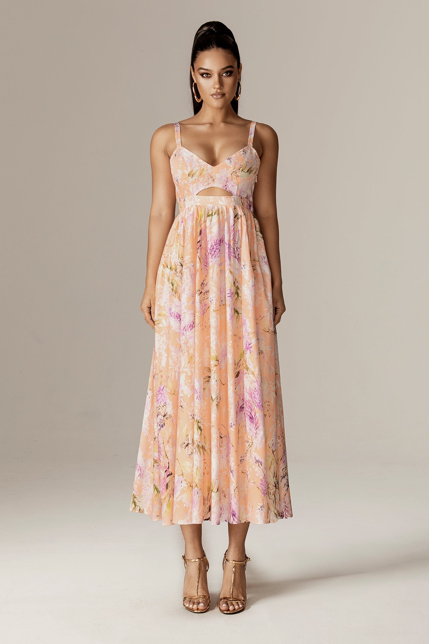 Sione Cutout Midi Dress (Coral Butterfly Meadow)