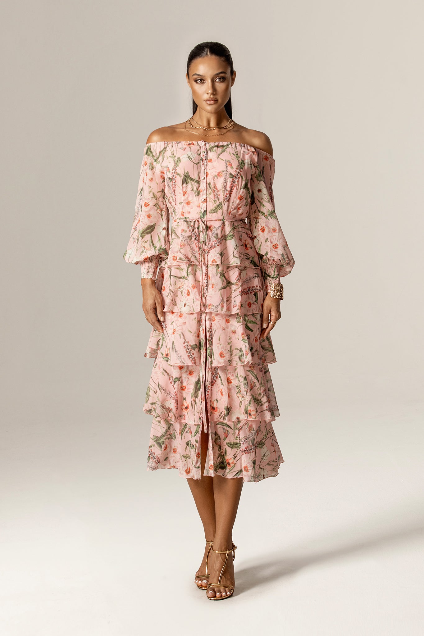 Dorra Off-Shoulder Floral Georgette Chiffon Midi Dress (Rosy Meadow)