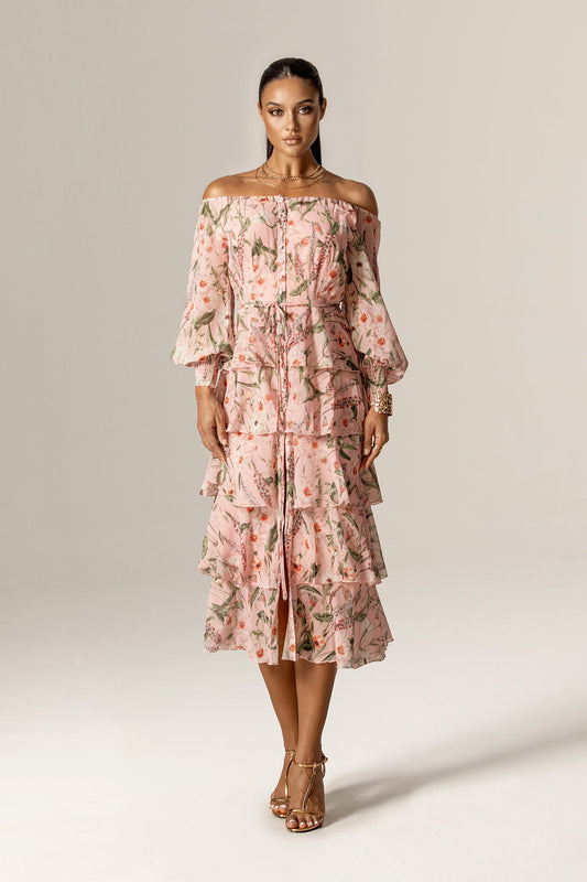Dorra Off-Shoulder Floral Georgette Chiffon Midi Dress (Rosy Meadow)