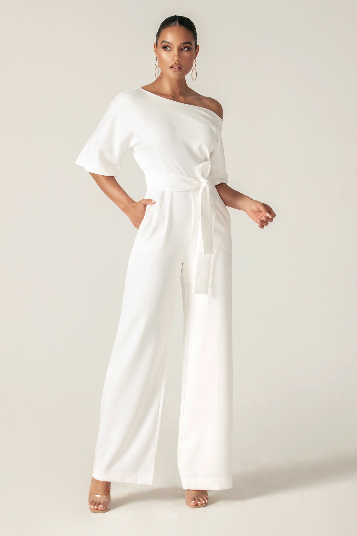 Ana Off Shoulder Belted Jumpsuit (Off White)
