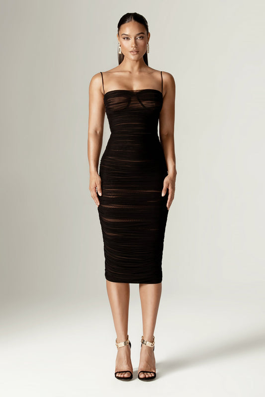 Justina Ruched Organza Mesh Midi Dress (Black)