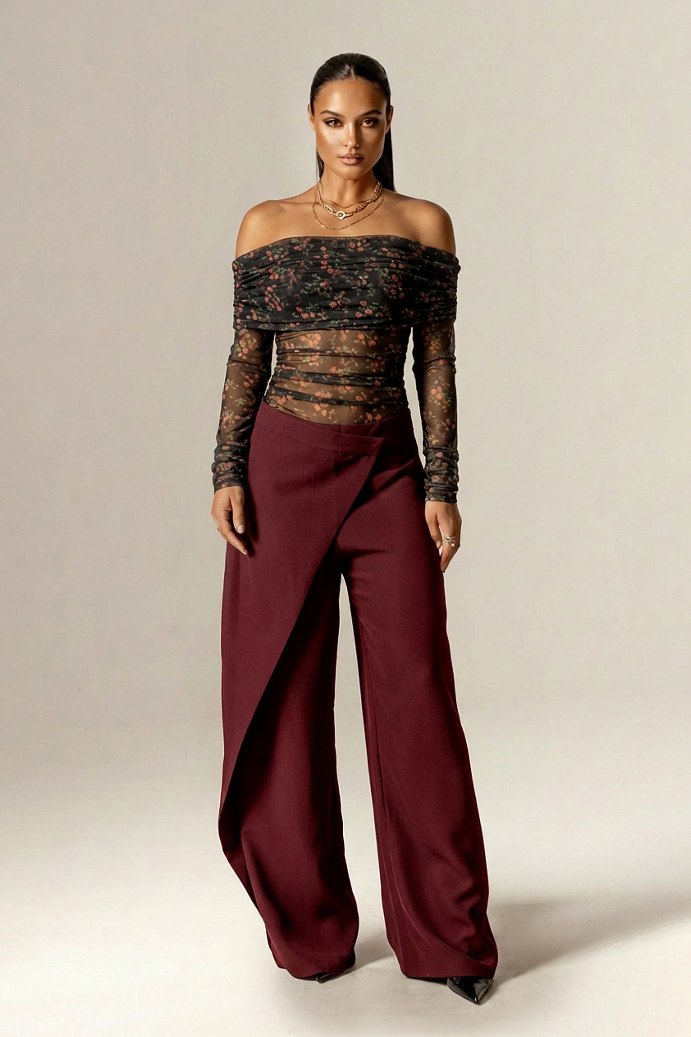 Regina Draped Off-Shoulder Mesh Top (Victorian Rose)
