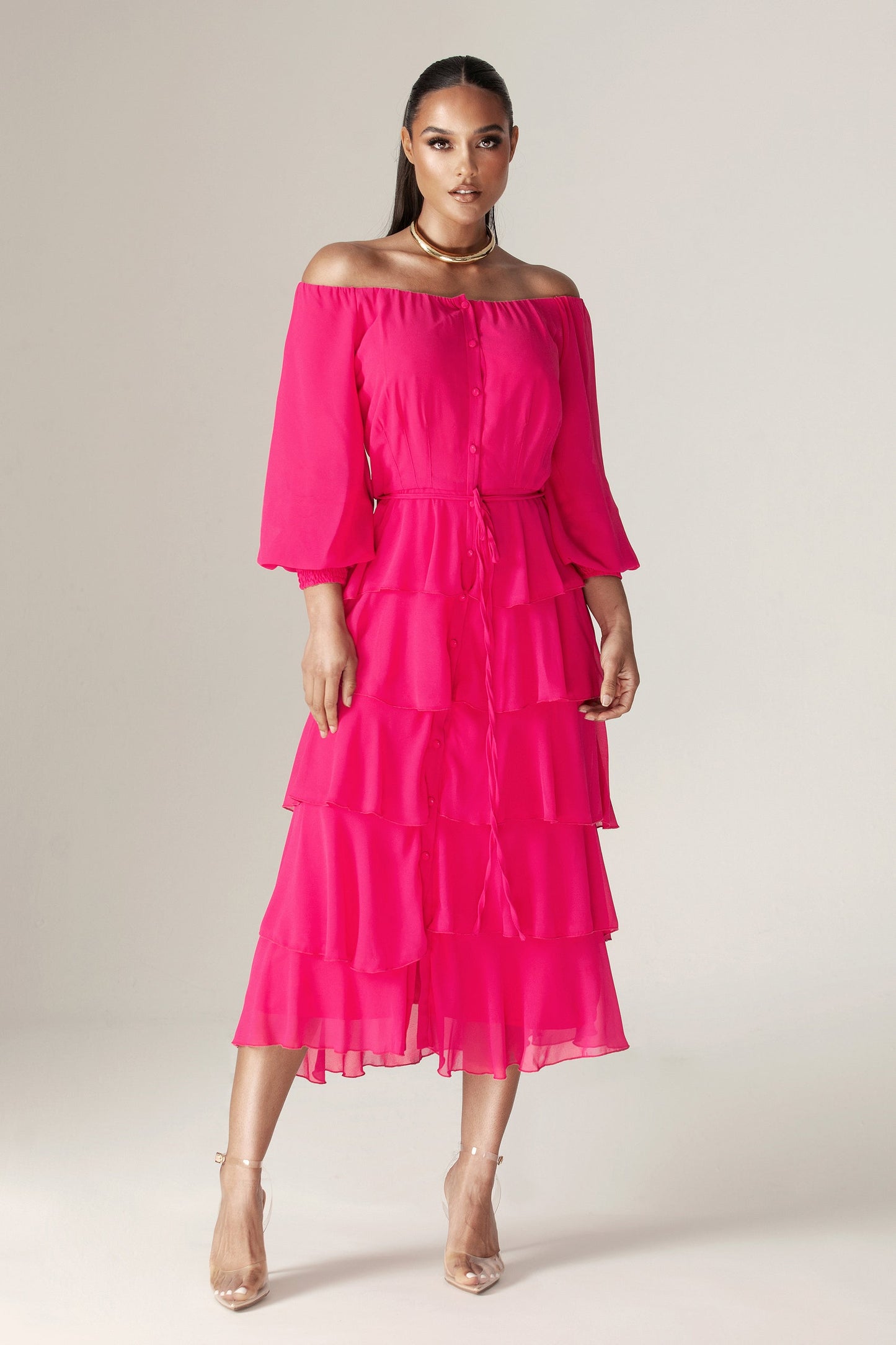 Dorra Floral Chiffon Dress (Hot Pink)