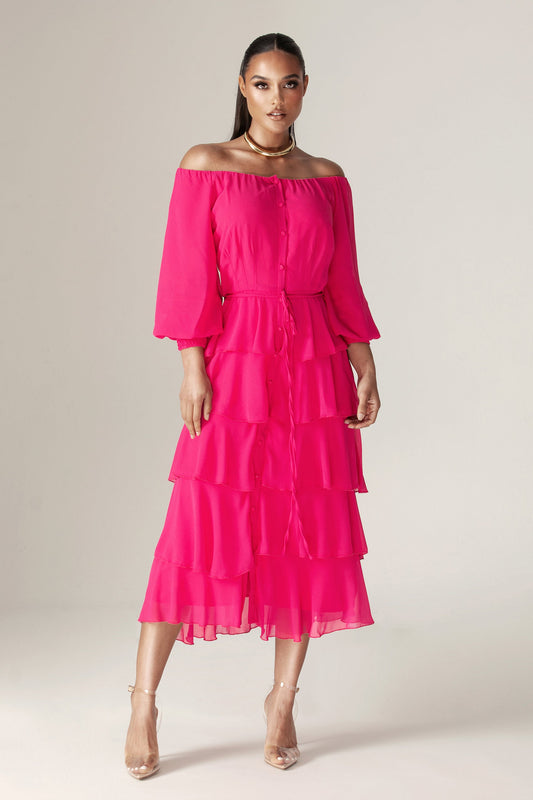 Dorra Floral Chiffon Dress (Hot Pink)
