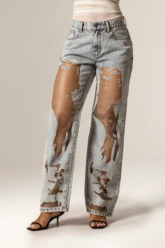 Tula Sheer Panel Wide-Leg Jeans (Antique Wash)