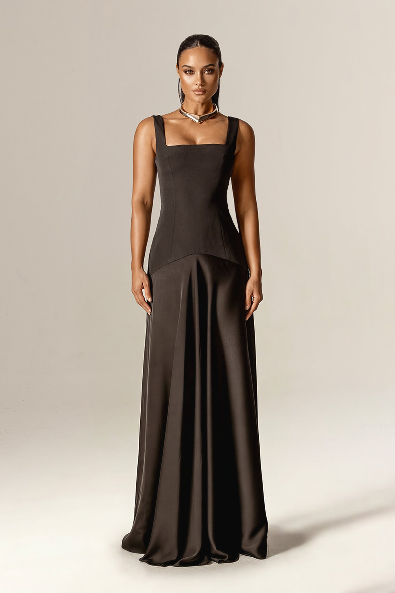 Beverly Square Neck Crepe Maxi Dress (Black)