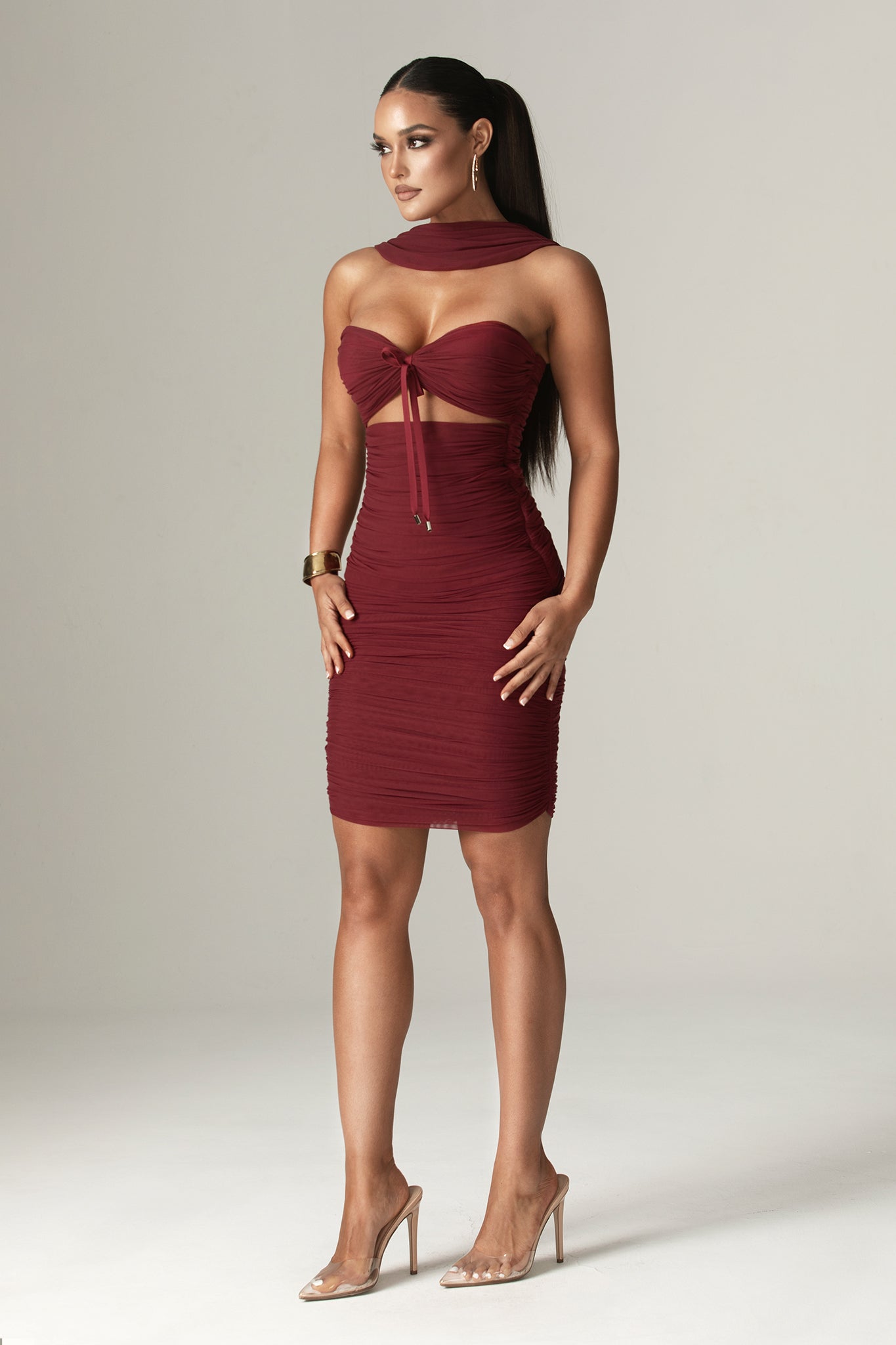 Bellucci Pleated Shawl Neckline Ruched Midi Dress (Burgundy)