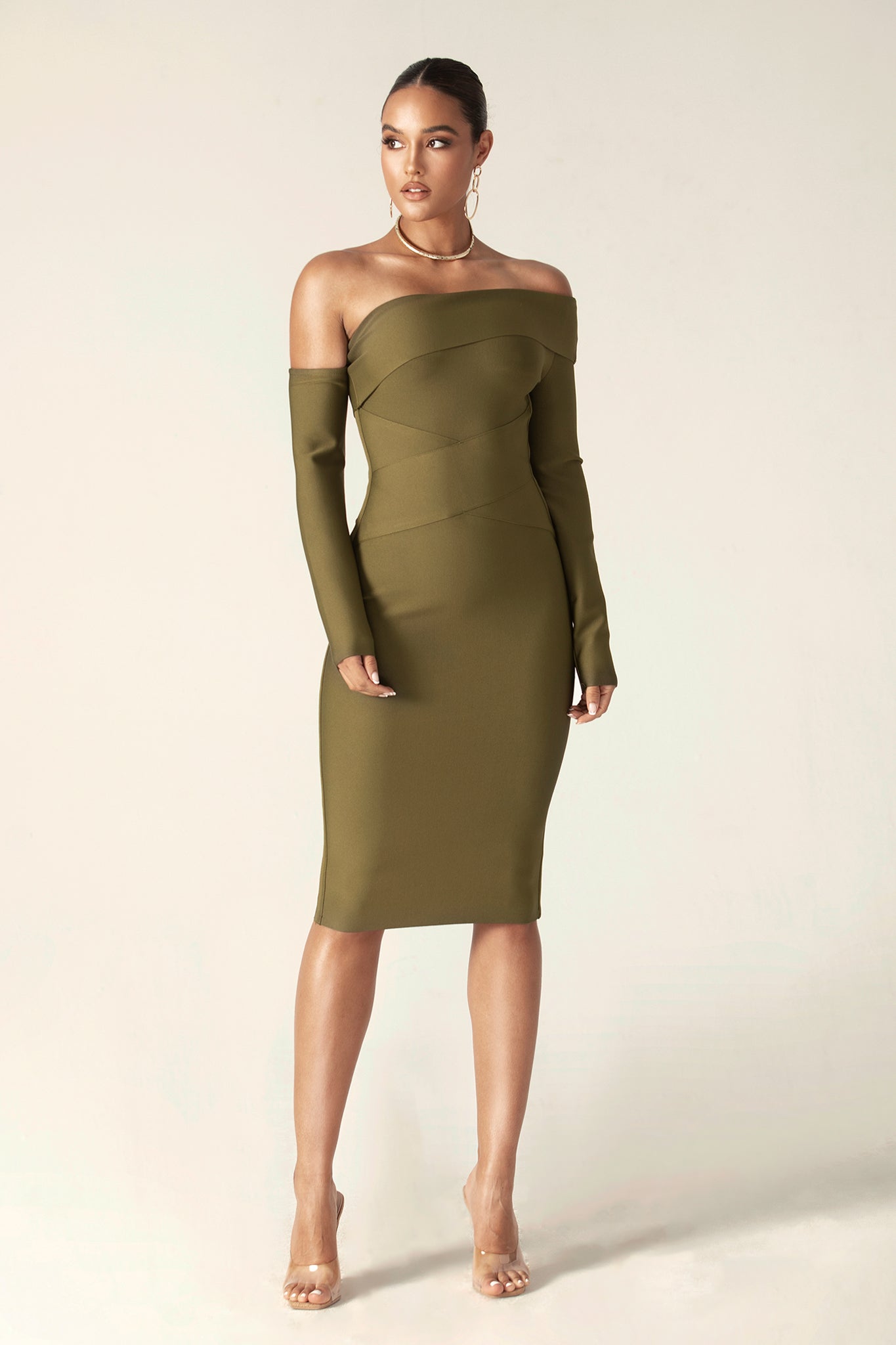 Shiva Off-Shoulder Bandage Midi Dress (Olive Green)