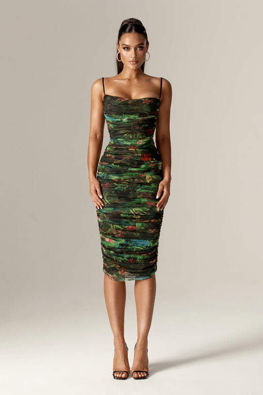 Toira Ruched Midi Dress (Botanical Print)