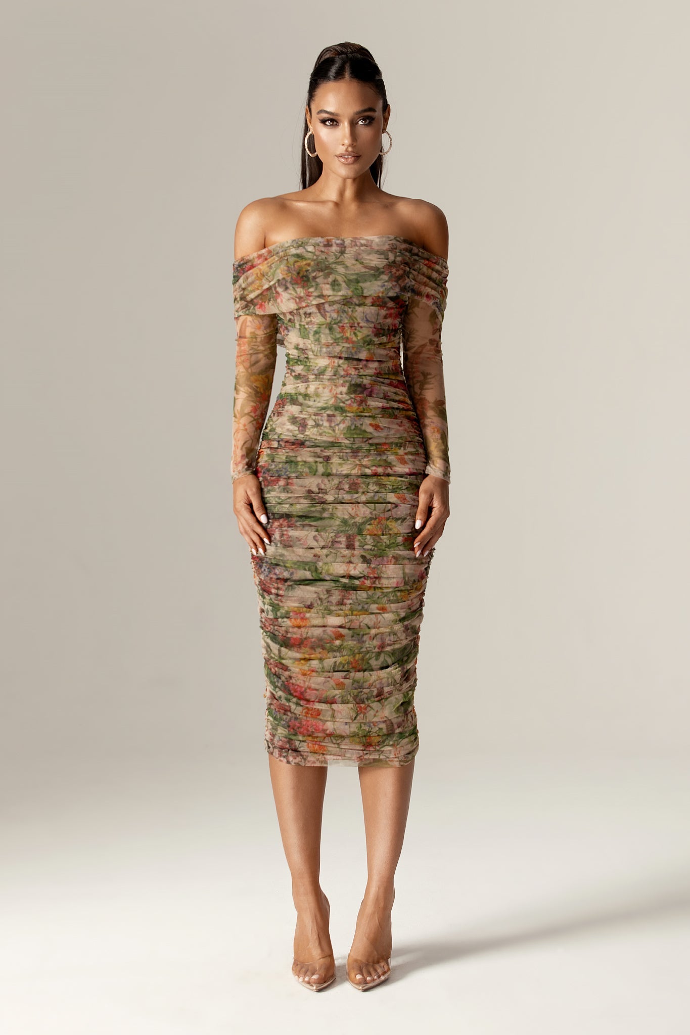 Hayley Off Shoulder Midi Dress (Floral Print)