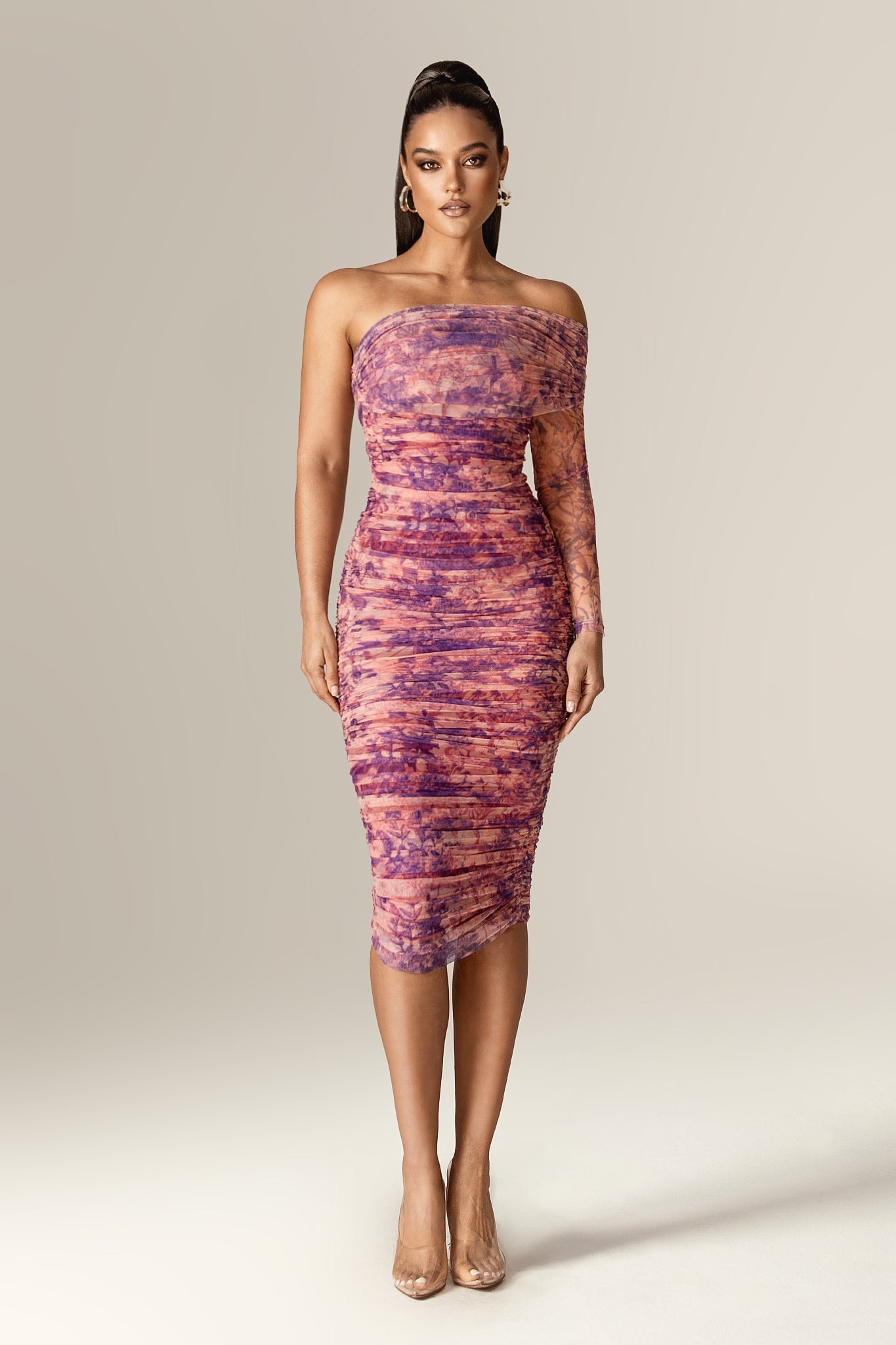 Heather One-Shoulder Mesh Midi Dress (Floral Abstract)
