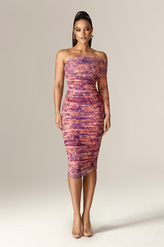 Heather One-Shoulder Mesh Midi Dress (Floral Abstract)