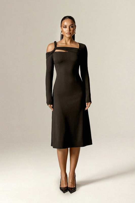 Deborah Asymmetric Cut-Out Ponte Midi Dress (Black)