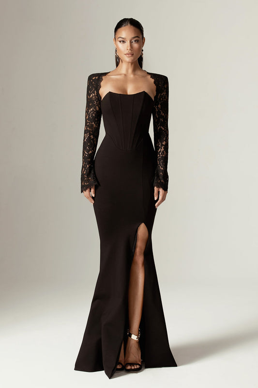 Veva Guipure Lace Corset Maxi Dress (Black)