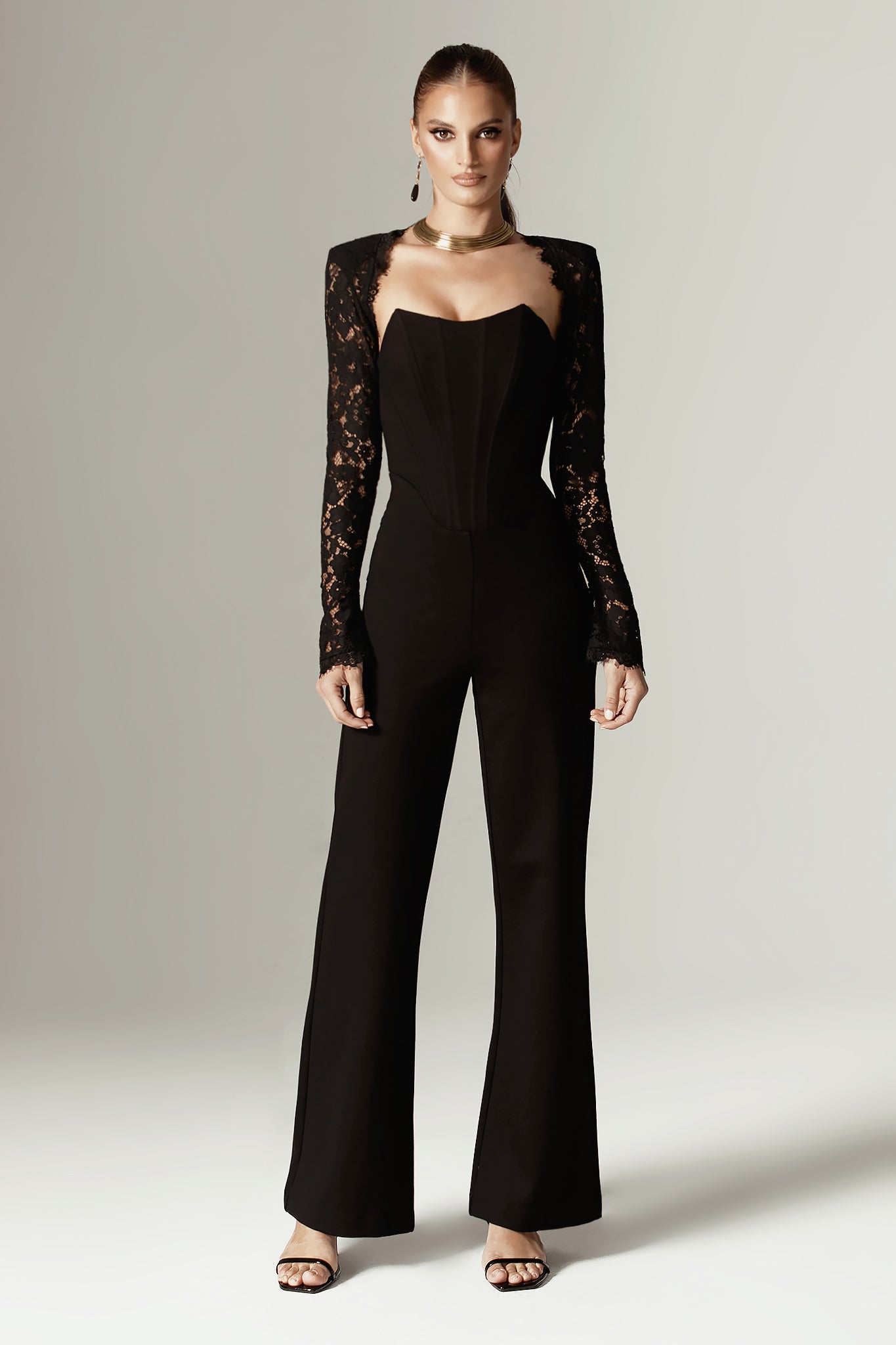 Marisol Guipure Lace Corset Jumpsuit (Black)