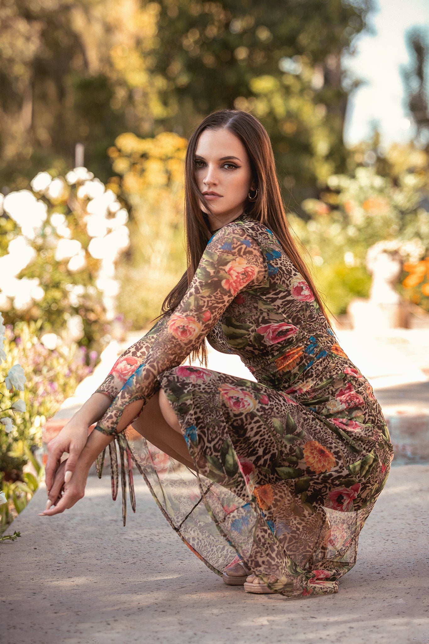 Noelle Mesh Cutout Midi Dress (Leopard's Peony)