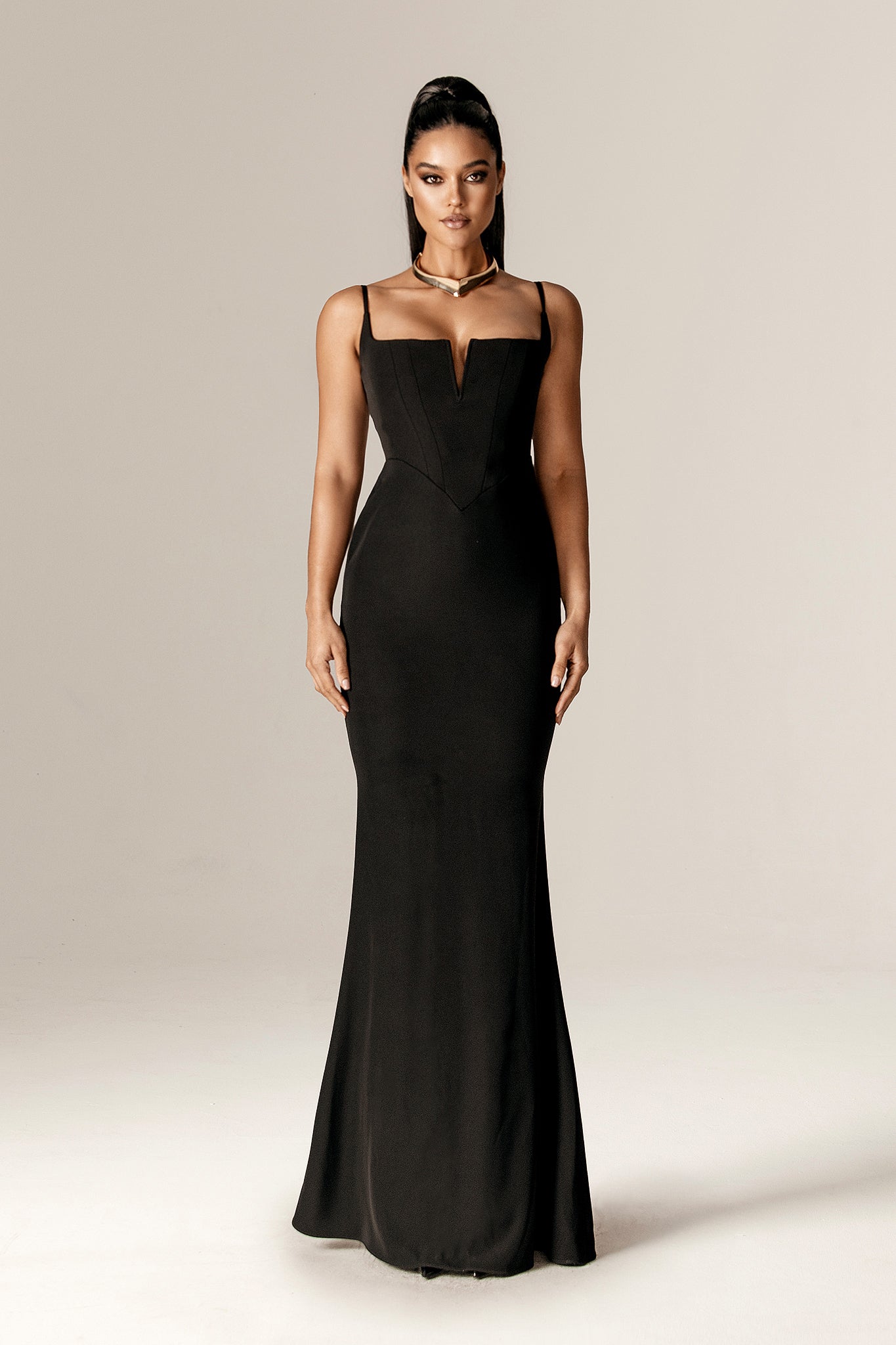 Paulyne Slit Neckline Corset Maxi Gown (Black)