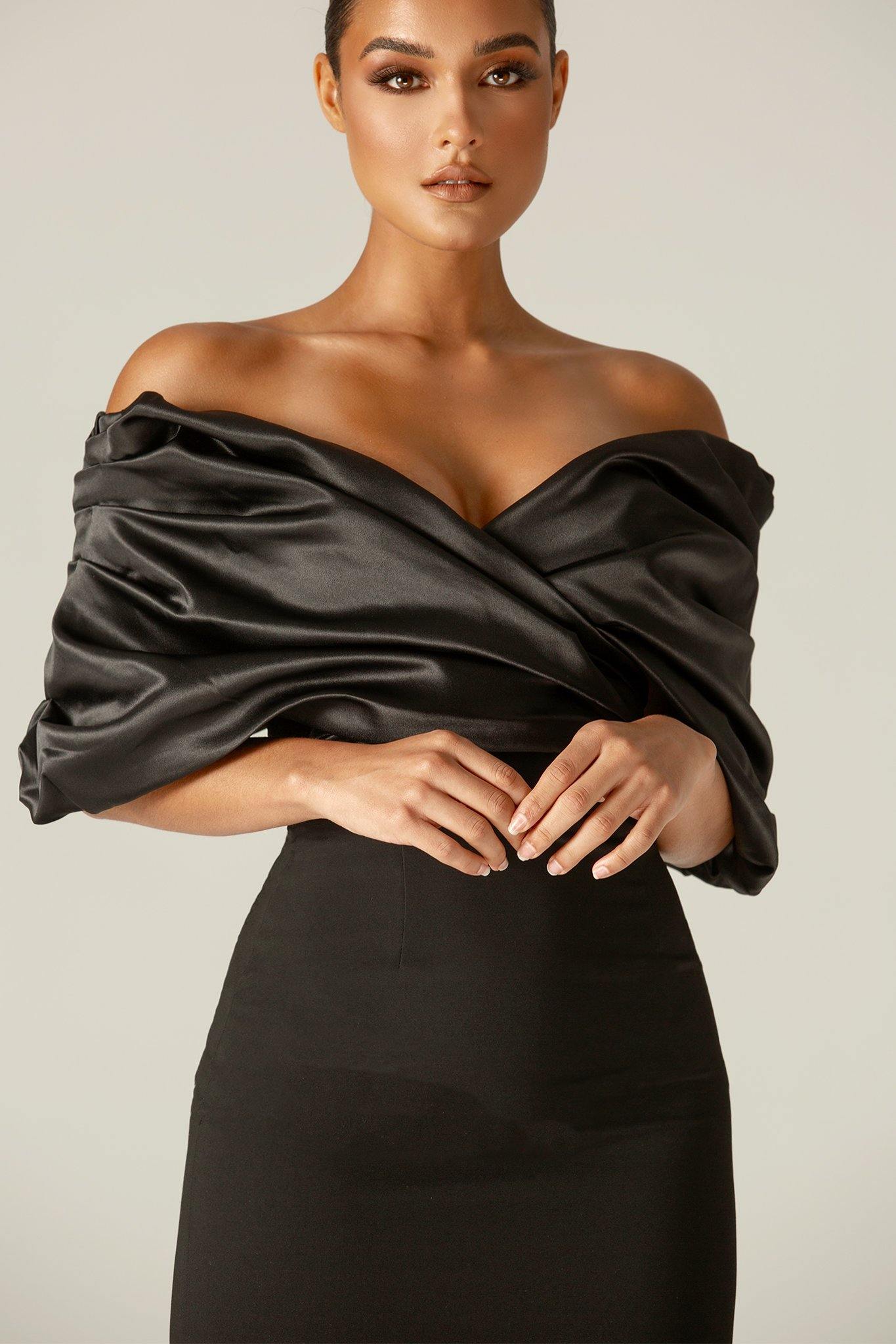 Maribel Crepe Ruffle Shoulder Mini Dress (Black)