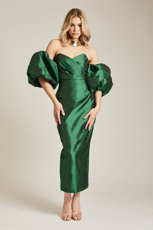 Tiffany Dupioni Puff Sleeve Maxi Dress (Emerald Green)
