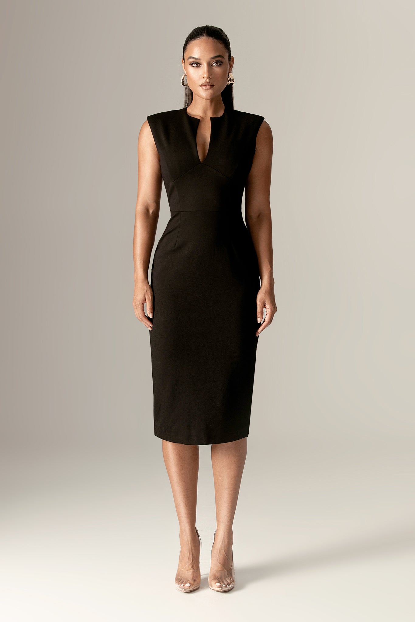 Lianna Deep Slit Neckline Dress (Black)