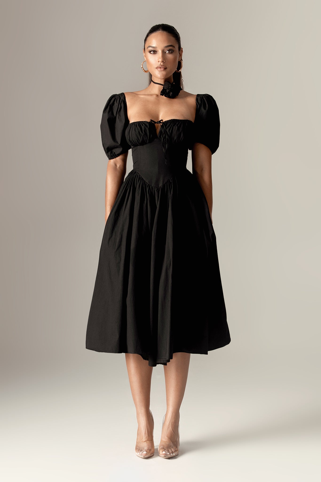 Lynette Cotton Bustier Midi Sundress (Black)