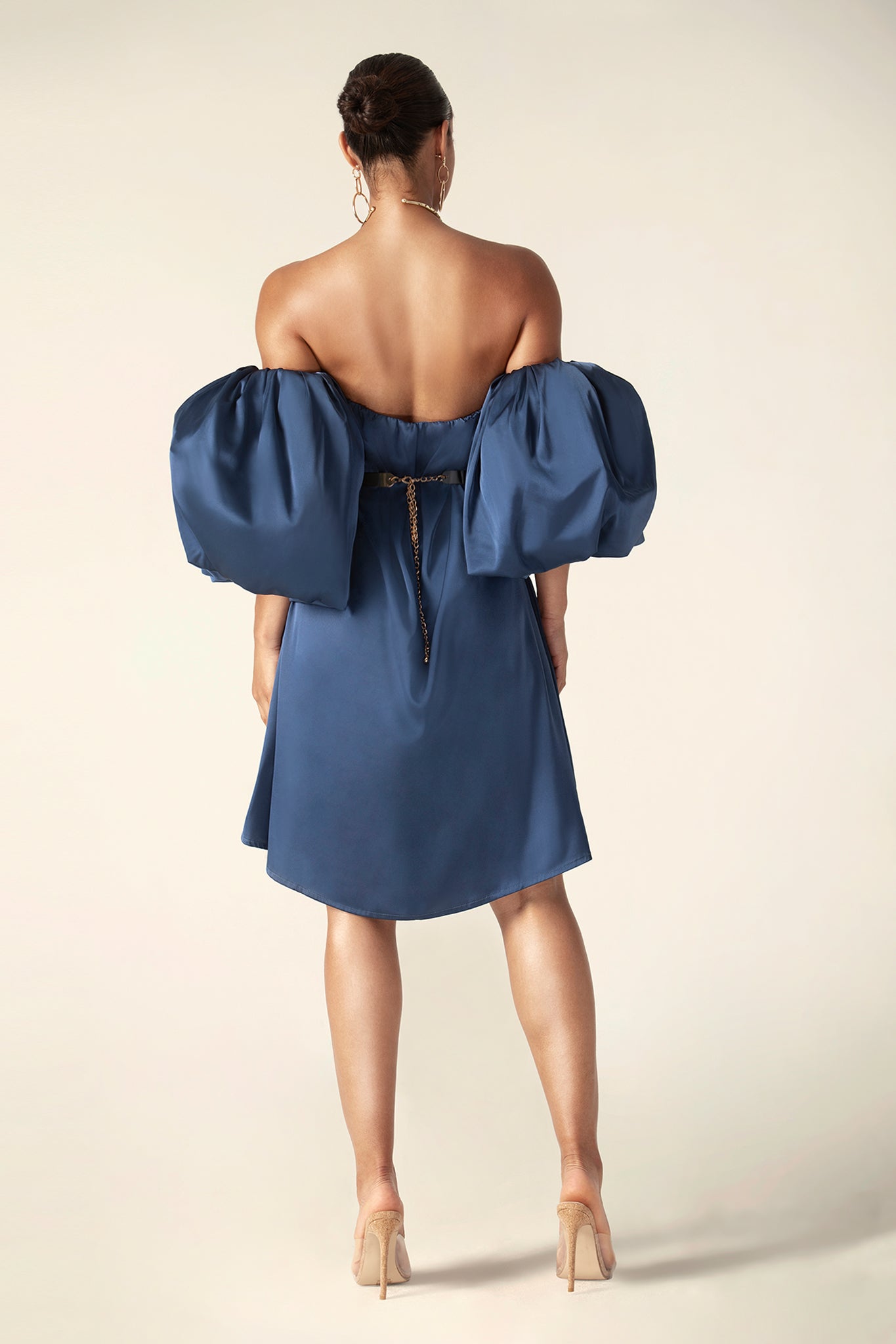 Ella Puff Sleeve Satin Midi Dress (Navy Blue)