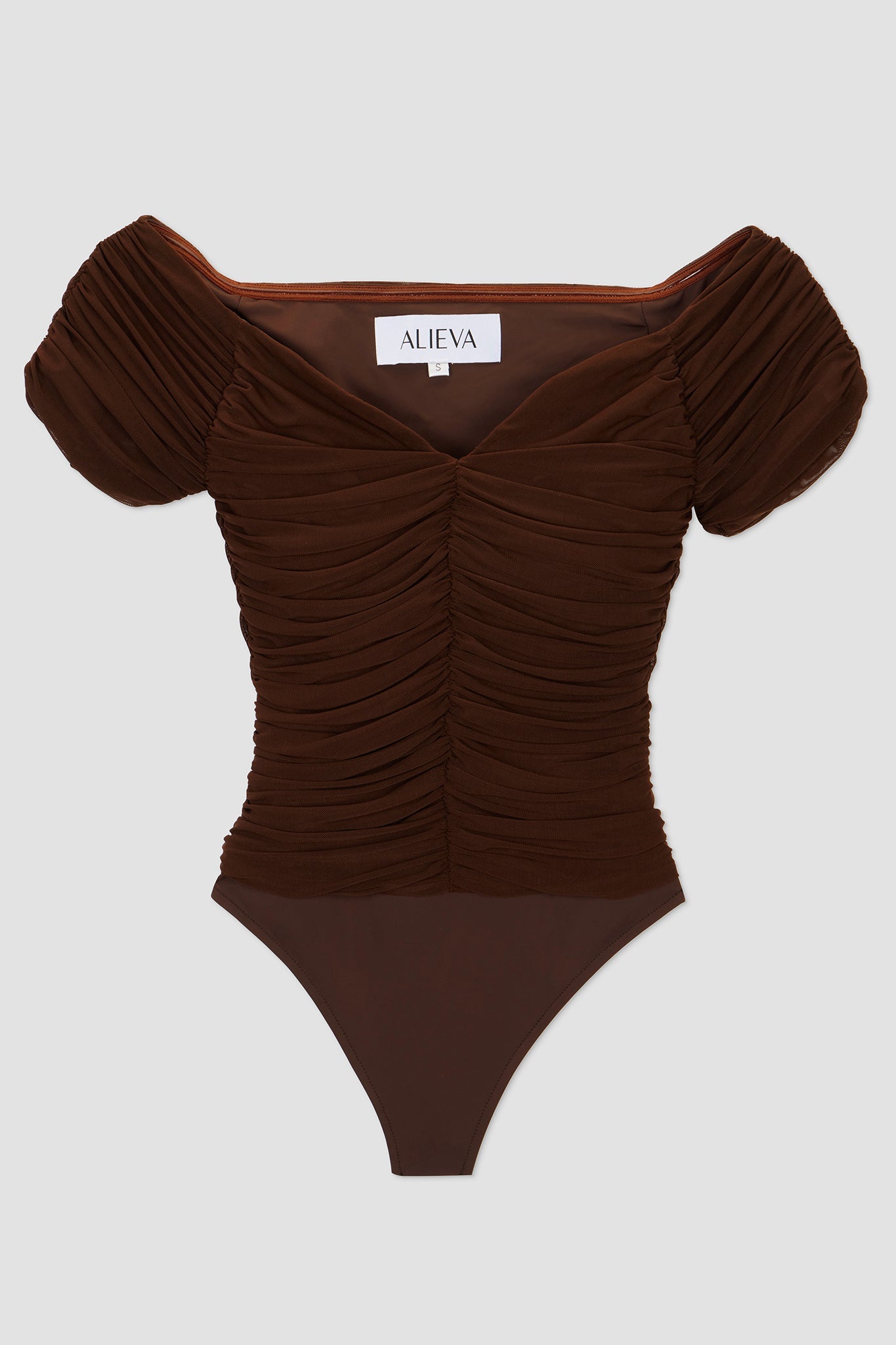 Krista Ruched Mesh Bodysuit (Brown)