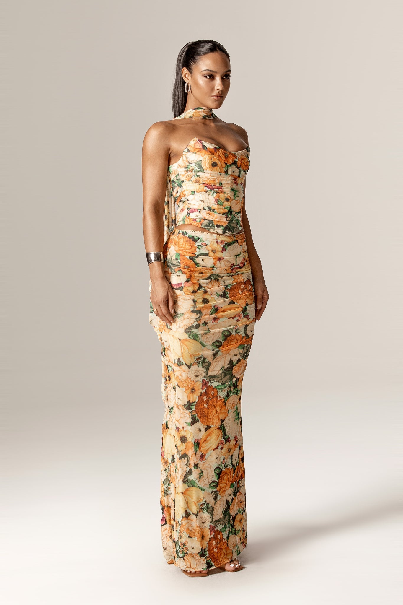 Elsa Ruched Mesh Corset with neck scarf (Sunburst Floral Print)