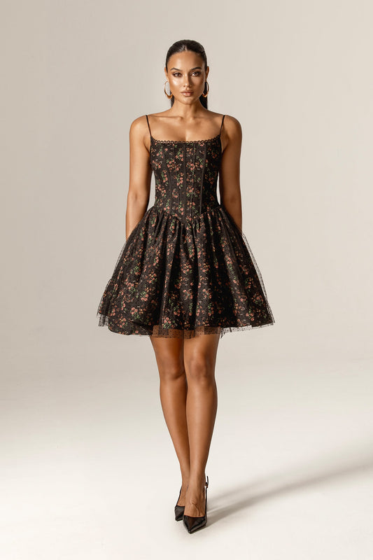 Arbella Corseted Tulle Mini Dress (Victorian Rose)
