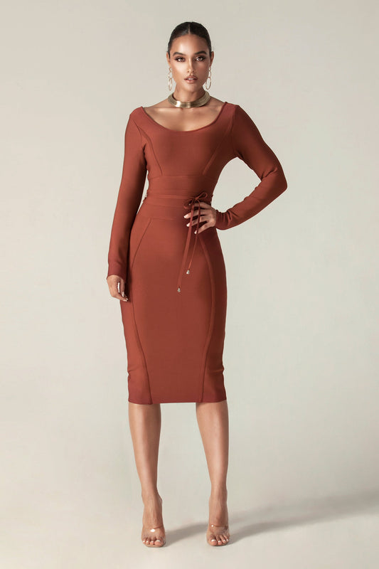 Lilia Tie Waist Bandage Dress (Fire Brick)