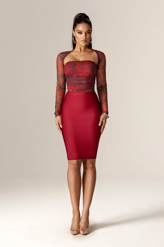 Agron Long Sleeves Mesh Top (Wine Burnout Floral)